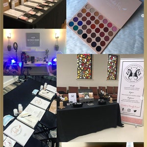 May include: A collage of images showcasing a beauty business. The images include a sign that says "the beauty bar", a makeup palette, a salon with a client receiving a treatment, a table with products and brochures, a white counter with a logo, and a bottle of scalp elixir.
