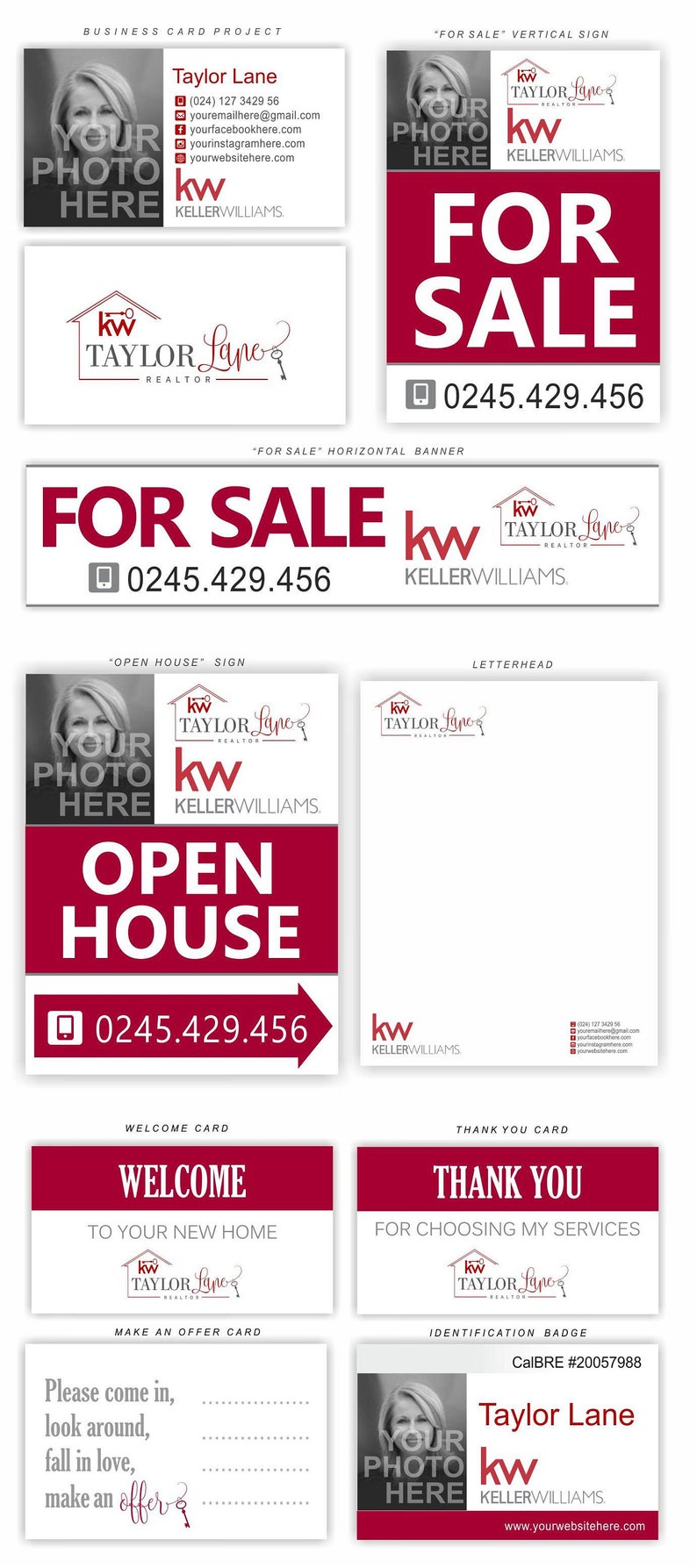 May include: A red and white real estate sign with the text "FOR SALE" and a phone number. The sign also includes the Keller Williams logo and the name "Taylor Lane, Realtor".