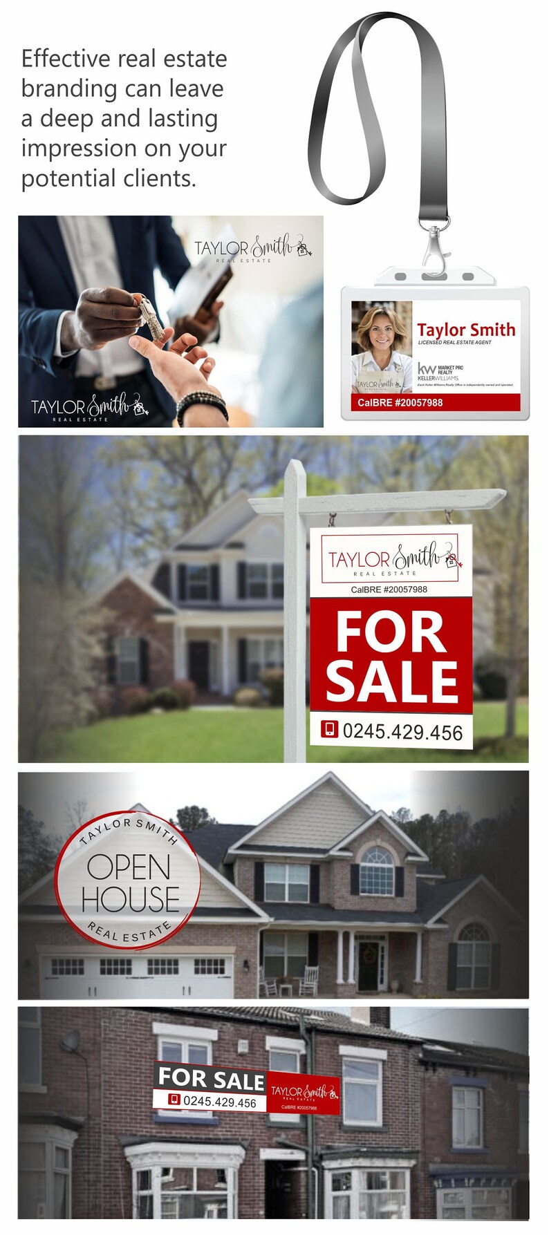 May include: A red and white real estate sign with the text "FOR SALE" and a phone number. The sign is in front of a house with a green lawn.