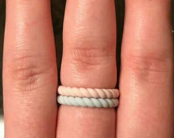 Skinny Braided Silicone Wedding Band for Women Misty Gray, Purple, Black, White Spiral Twisted Design Women's Silicone Rings
