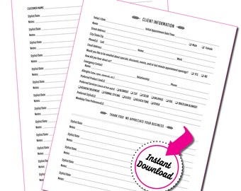Formulaire d'admission des clients du salon de coiffure • Journal d'enregistrement des informations du client styliste • Entrée du client du salon • 8,5 x 11 • Téléchargement instantané • U-Print PDF