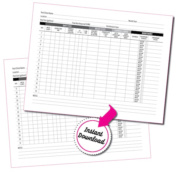 Swimming Pool Maintenance Log Instant Download 31 Day - Etsy