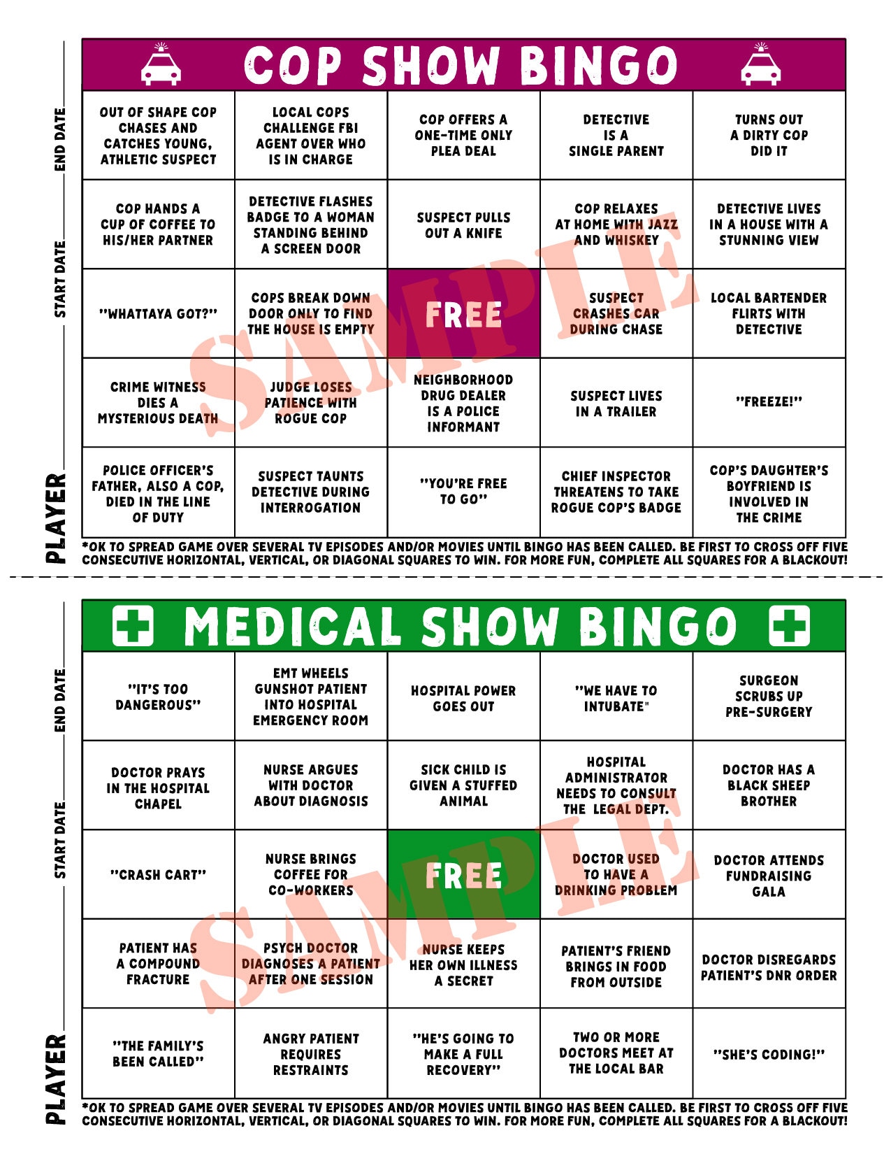 TV Bingo Cop Show Bingo and Medical Show Bingo Cards for Indoor Family