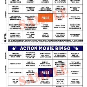 Puede incluir: Dos tarjetas de bingo con temática de comedia romántica y película de acción. Las tarjetas están llenas de tropos y escenas comunes que se encuentran en estos géneros. Las tarjetas son rojas, blancas y negras.