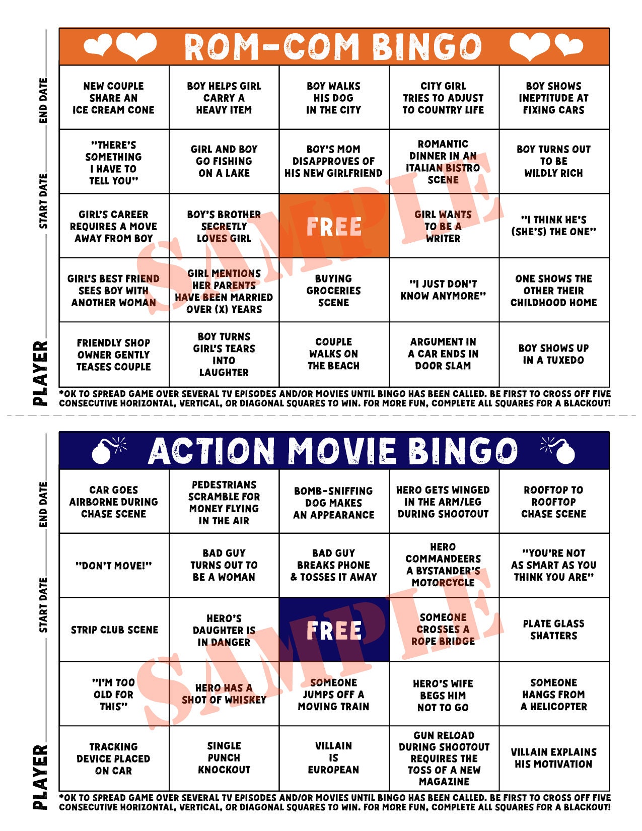 TV Bingo Romantic Comedy and Action Movie Bingo Cards for Indoor Family
