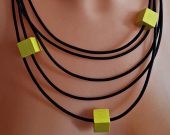 Yellow necklace, yellow cubes, rope necklace,cherful necklace, yellow jewellery, fabric jewellery, black rope