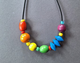 Rainbow necklace, Natur necklace, Light necklace, Necklace Beads Strand, Wooden Bead Necklace, Multicolor  necklace, black necklace