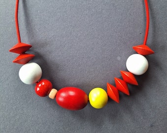 Colored necklace, Natur necklace, Light necklace, Necklace Beads Strand, Wooden Bead Necklace, red and white  necklace