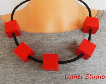 Red necklace,  Black Necklace, Cubes necklace, Red cubes necklace, Wooden beads