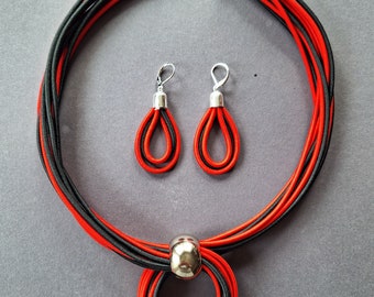 Black necklace, black and red set,rope necklace,cherful necklace, red jewellery, fabric jewellery,