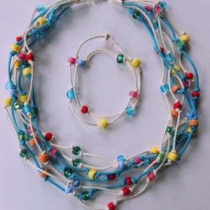 Rope necklace, blue set, glass beads, textile necklace, braided necklace, knotted necklace