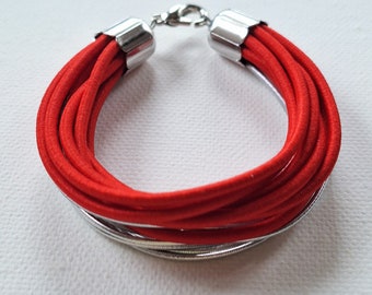 Red bracelet, silver bracelet, beach bracelet, flexible bracelet, textil bracelet, cherful bracelet