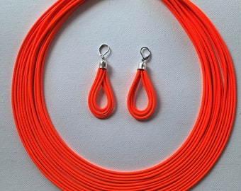 Neon Orange Bib Necklace and Earrings Set: Elastic Rope Jewelry