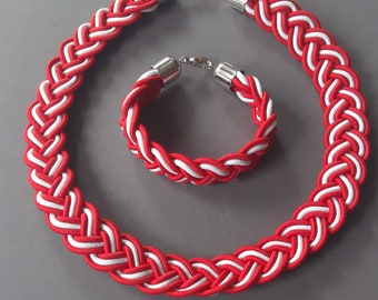 rope necklace  /red and white  necklace /red set / Fabric necklace /cheerful necklace/ colorful set /  red and white bracelet
