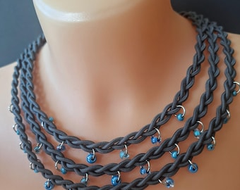 Gray necklace, braided necklace, bib necklace, tshirt jewellery,multi strand necklace, ropes necklace