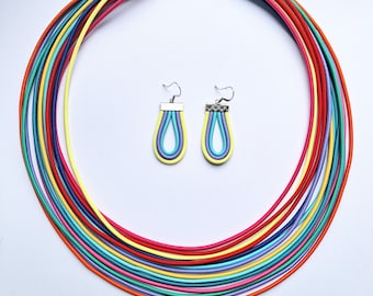 Statement set, Rainbow  necklace, mix colours,  cherful necklace, bib necklace, textil jewellery, colorful earrings, elastic rope