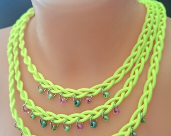 Signal Green Braided Bib Necklace: Multi Strand Ropes with Glass Beads
