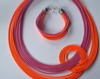 Pink orange set, pink orange bracelet, fashion set, knoted necklace