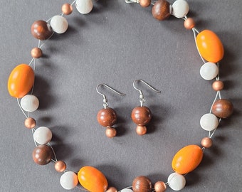Orange Necklace, Rope necklace, Necklace Beads Strand, Wooden  Beads  Necklace, Beads Necklace, brown earring,, Beads set