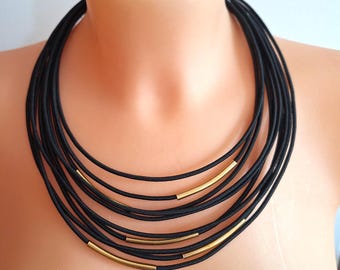 Black Rope Necklace & Bracelet Set: Gold Accents, Fabric Jewelry
