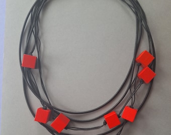 Red necklace,  Black Necklace, Cubes necklace, Red cubes necklace, Wooden beads necklaces, Rope necklace,