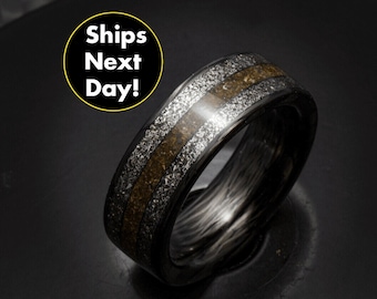 Jurassic Astronomer - Meteorite And Triceratops Fossil Ring, Carbon Fiber Band - Quick Ship, Next Day Holiday Special!