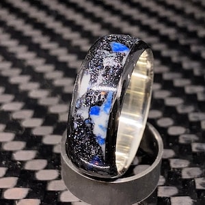 Crystal Night Sky - Lapis Lazuli Ring, Meteorite Ring, Mens Wedding Band, Glow Ring, Carbon Fiber Ring, Raw Crystal, Unique Rin