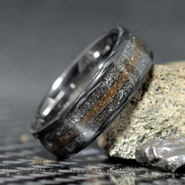 Stellar Fusion - Meteorite and Dinosaur Bone Ring, Carbon Fiber and Tungsten Band | Unique Handcrafted Jewelry, Nature-inspired, Men's Style