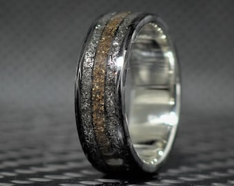 Dinosaur Meteorite Ring Carbon Fiber, Sterling Silver Triceratops Bone Orgonite Mens Wedding Band, Gifts For Men / Anniversary Present