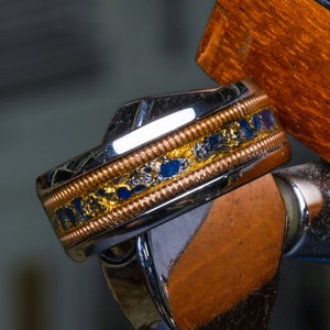 Musicians Gem - Sapphire Guitar String Tungsten Ring, Meteorite With 24k Gold Accents