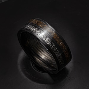 Twin Relics - Meteorite And Dinosaur Bone Ring, Carbon Fiber With Triceratops Fossil, Mens Wedding Band, Great Gift For Fathers