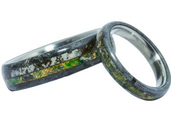 Conjunto de anillos Twin Relics, anillos luminosos de meteorito de esmeralda de dinosaurio