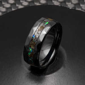 Dino&#39;s Eye - Opal, Meteorite, And Dinosaur Bone Ring, Hammered Black Ceramic Band