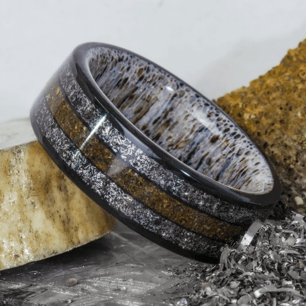 Hunters Monolith - Antler, Meteorite, And Dinosaur Bone Ring, Carbon Fiber Triple Channel With Triceratops Fossil, Men Wedding Band