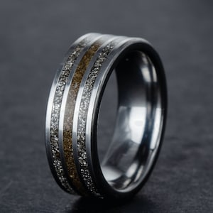 Jurassic Astronomer - Dinosaur Bone Meteorite Ring, Tungsten With Triceratops Fossil