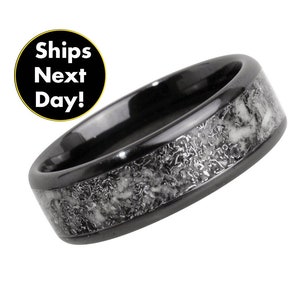 Meteorite Glow Ring, Black Ceramic Resin Mens Wedding Band Wide 8mm, Genuine Meteorite - Next Day Shipping