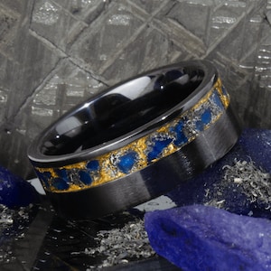 Molten Sapphire - 24K Gold And Meteorite Black Ceramic Ring, Unique Wedding Ring Or Engagement Ring For Men And Women