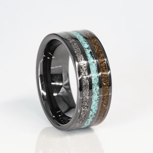 Turquoise Convergence - Meteorite and Dinosaur Bone Black Ceramic Ring | Scratchproof Resilience, Sleek and Timeless Design