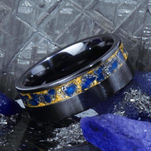 Molten Sapphire Ring, 24K Gold Meteorite Wedding Band