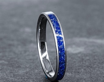 Blue Sapphire Ring, Tungsten Stacker Band, Minimalist Wedding Ring