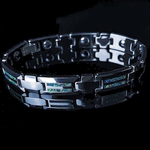 Black Opal Tungsten-armband voor heren, schakelarmband in horlogestijl, iriserende zwarte lab-opaalinleg
