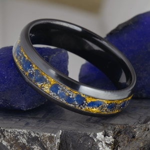 Molten Sapphire - 24K Gold And Meteorite Black Ceramic Ring