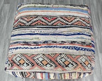 Moroccan Boucherouite Pouf - Square Berber Floor pouffe - Tribal Bohemian Living Room Decor - Hassock & Ottoman Footstool - Unstuffed