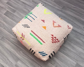 Moroccan Pouf, Berber Floor Cushion, Colorful Geometric Patterns, Wool Seat Cushion, Boho Seat Cushion, Beni Ourain, Handmade