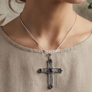Natural Purple Amethyst 925 Sterling Silver Cross Pendant Necklace