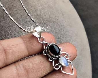 Natural Black Onyx/ Moonstone 925 Sterling Silver Pendant