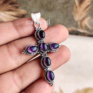 Handmade Amethyst Cross Pendant Necklace, Sterling Silver Jewelry