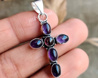 Vintage Sterling Silver Gemstone Cross Pendant: Garnet, Amethyst, Moonstone