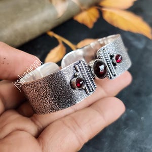 Garnet Bangle, Handmade Adjustable 925 Sterling Silver Cuff