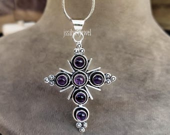 Lila Amethyst Kreuz Anhänger, 925 Sterling Silber handgemachte Edelstein Halskette